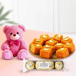 Akhrot Barfi from Mithas Delicious Sweets with Teddy N Ferrero Rocher Chocolate Pack 1