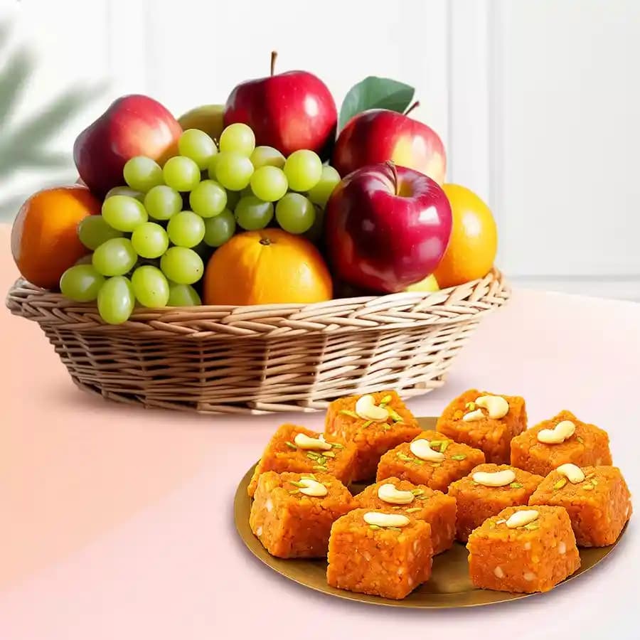 Akhrot Barfi from Mithas Delicious Sweets with Fresh Fruit Basket