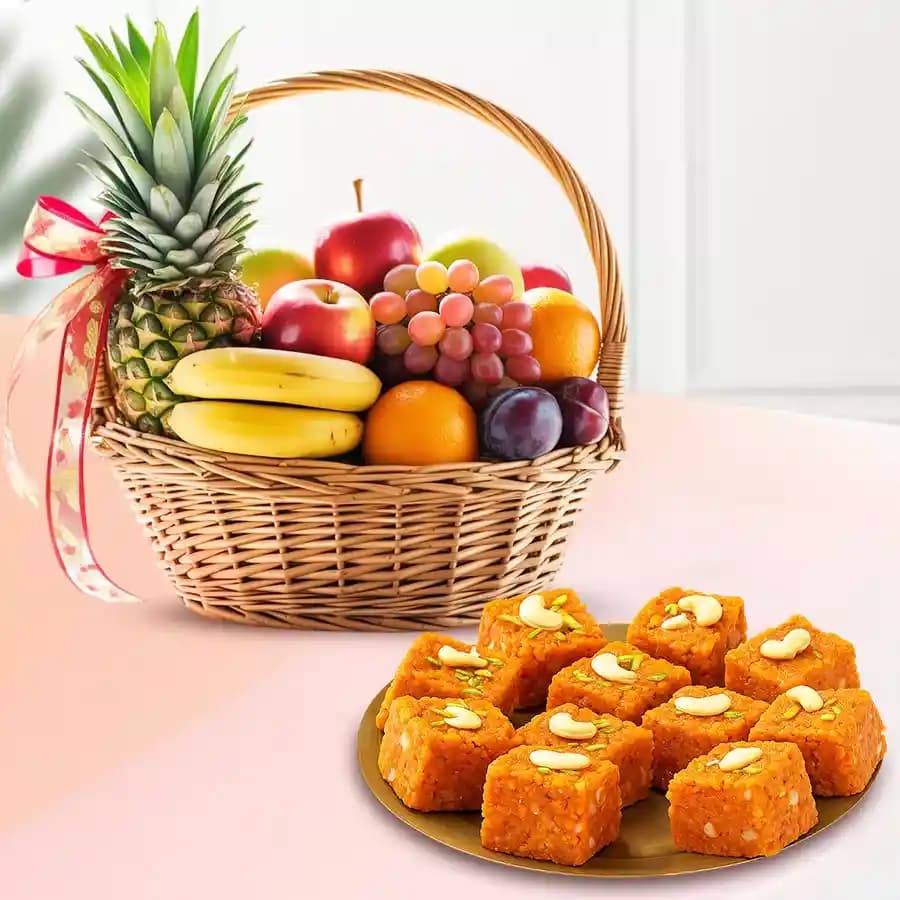 Akhrot Barfi from Mithas Delicious Sweets with Fresh Fruit Basket