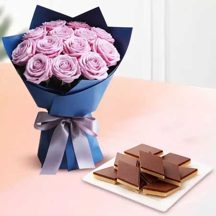 Chocolate Katli from Mithas Delicious Sweets with Pink Rose Bouquet
