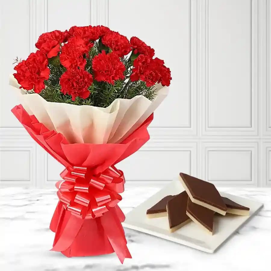 Chocolate Katli from Mithas Delicious Sweets with Red Carnation Tissue Wrapped Bouquet