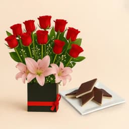 Chocolate Katli from Mithas Delicious Sweets with a Designer Flower Arrangement 1