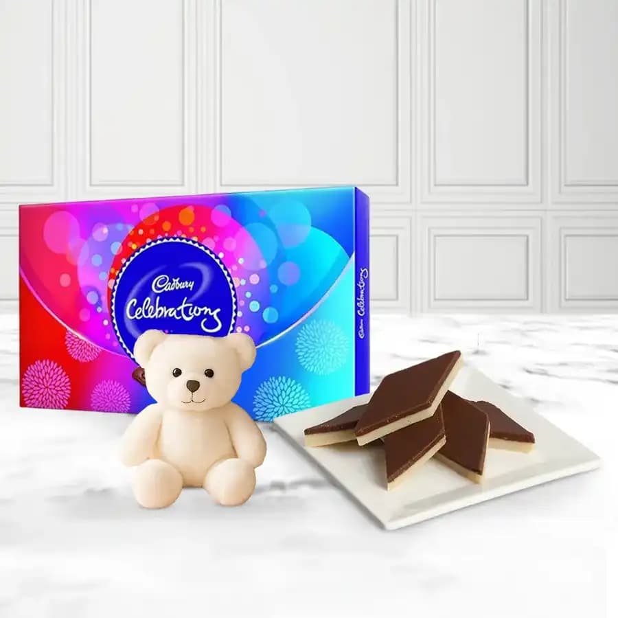 Chocolate Katli from Mithas Delicious Sweets with Teddy N Cadbury Celebration Chocolate Pack