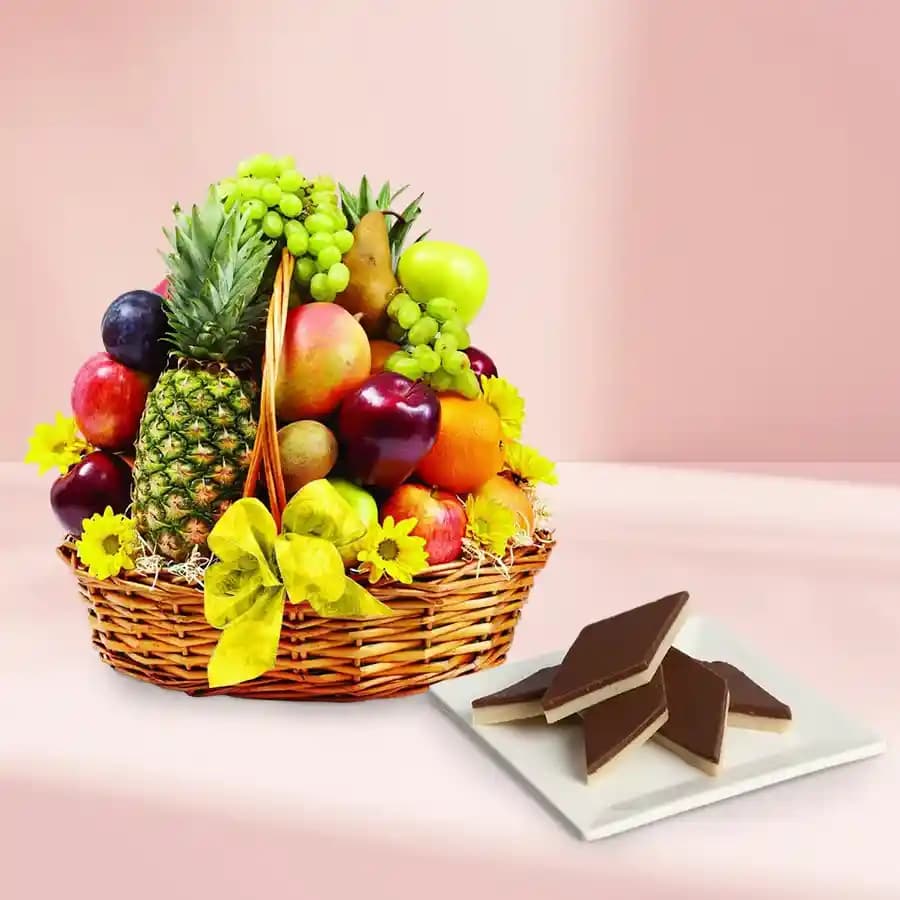 Chocolate Katli from Mithas Delicious Sweets with Fresh Fruit Basket