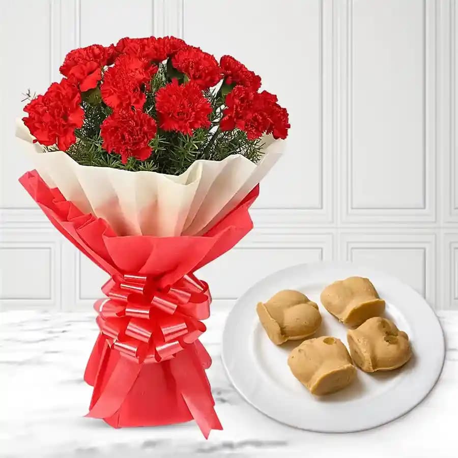 Nolen Gurer Jalbhora from K.C.Das with Red Carnation Bouquet