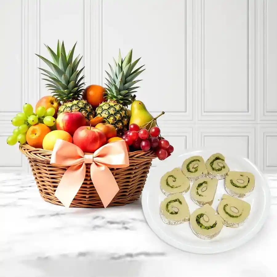 Kaju Cake from Mithas Delicious Sweets with Fresh Fruit Basket