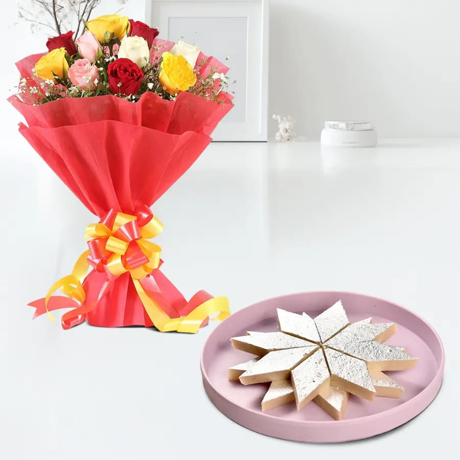 Charming Roses N Kaju Barfi Gift