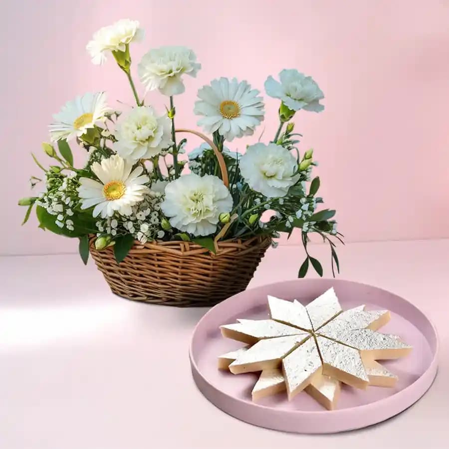 Serene White Flowers N Kaju Barfi Delight