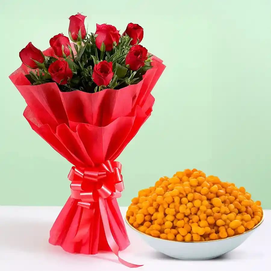 Romantic Red Roses with Delectable Bundi Delight
