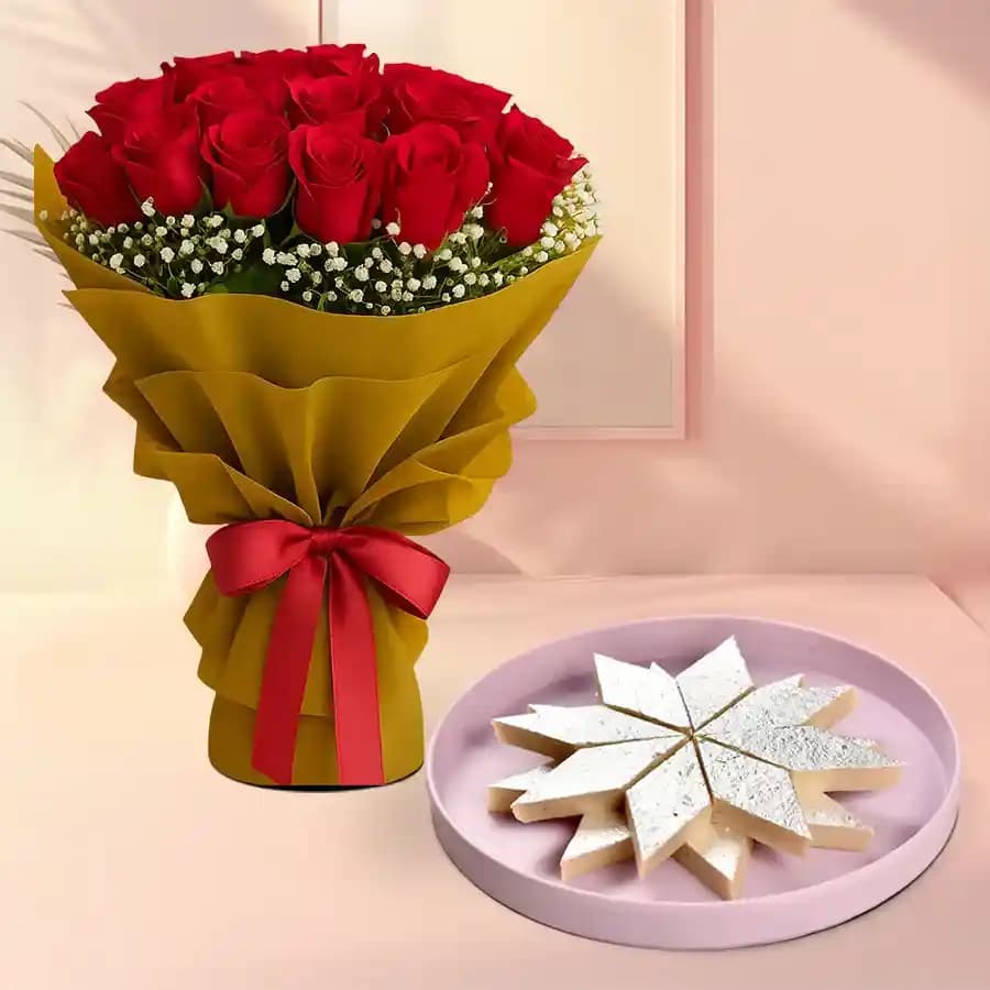 Radiant Red Roses with Kaju Katli Bliss