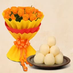 Vibrant Orange Roses N Rosogolla Duo 1