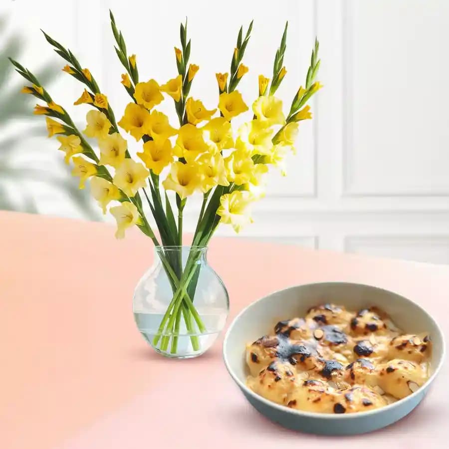 Cheerful Gladiolus N Baked Rosogolla Indulgence