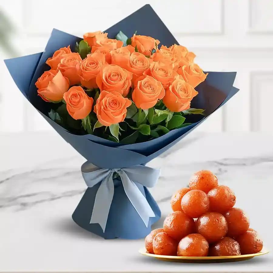 Vibrant Orange Roses with Delectable Gulabjamun