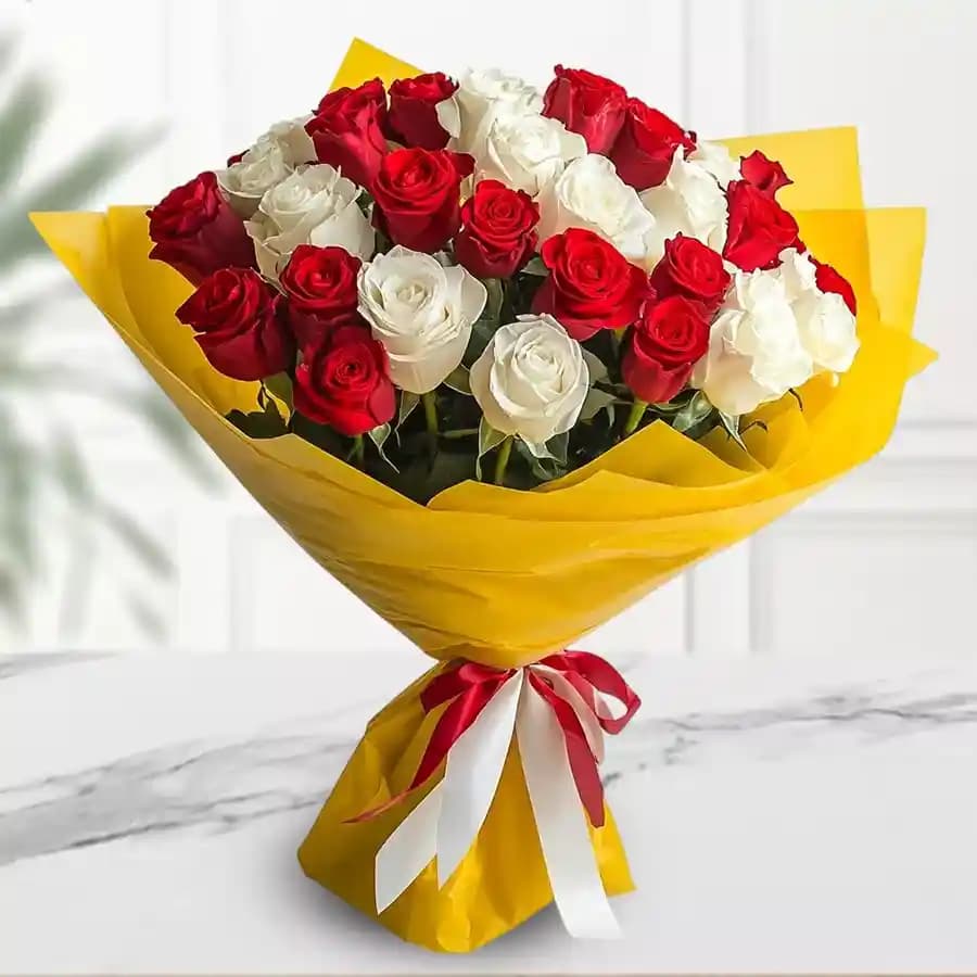 Beautiful Bouquet of 40 Red and White Roses