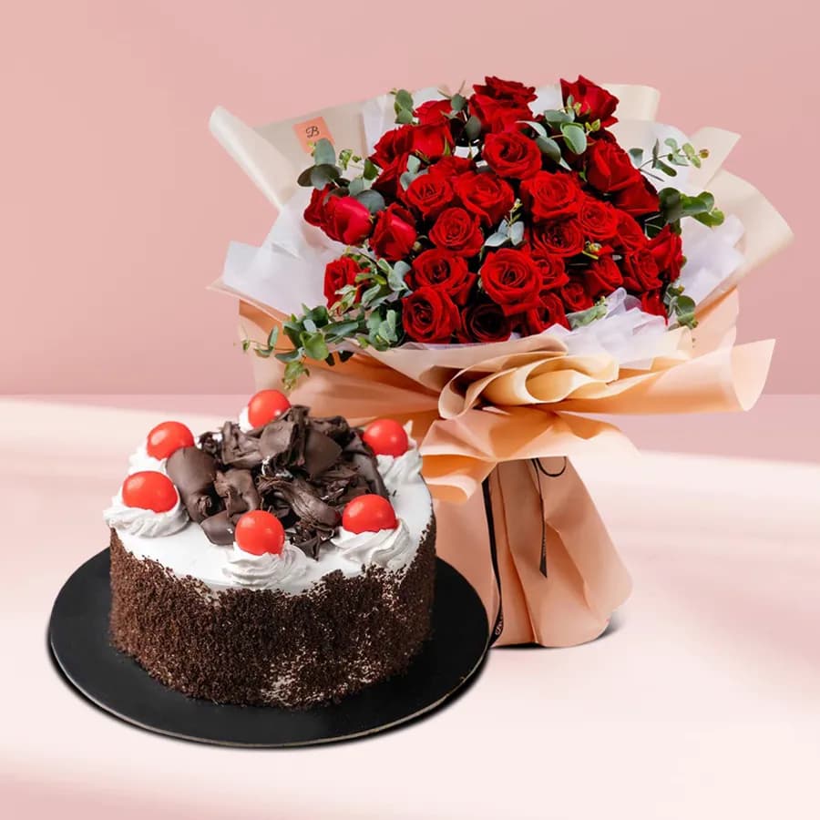 Charming Black Forest Cake & Elegant Rose Bouquet