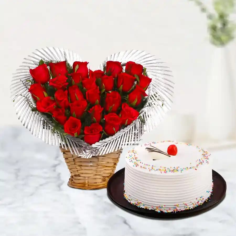 Delightful Vanilla Cake with Red Roses