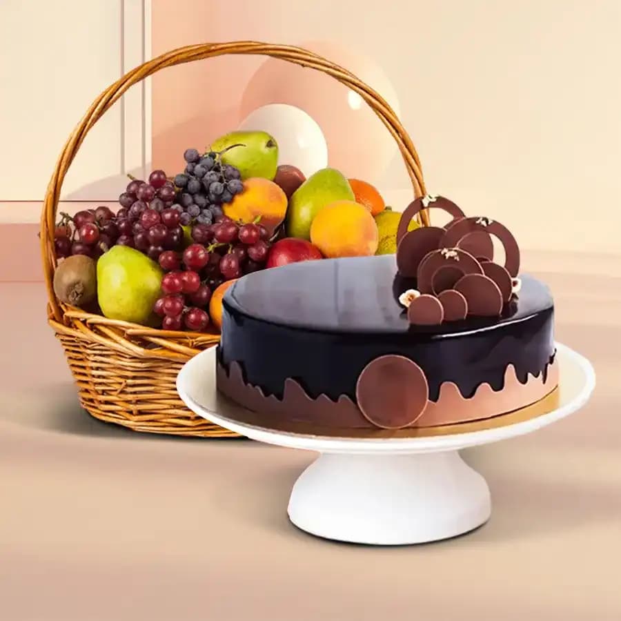 Luxurious Cocoa Chocolate Cake & Fresh Fruit Basket