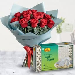 Lovely charming Red Roses combined with mouthwatering Kaju Katli 1
