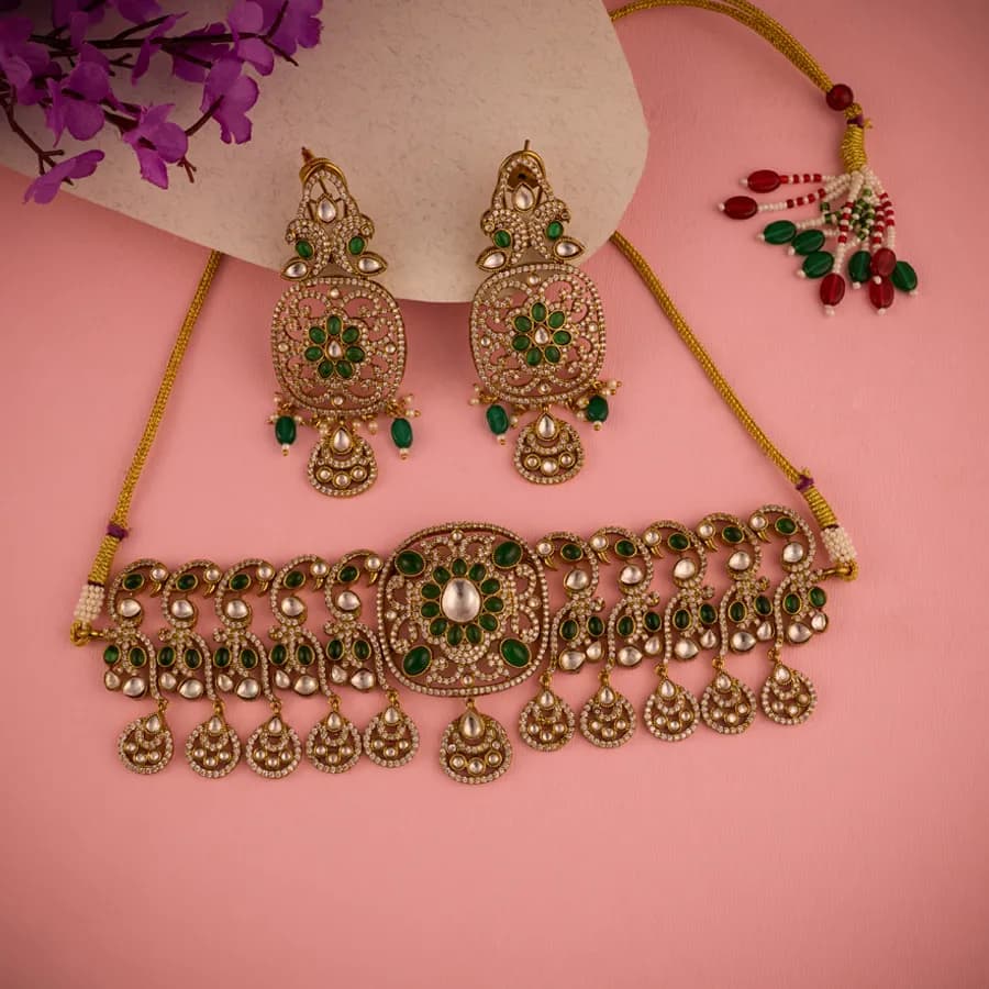 Regal Green Kundan Necklace and Earring Duo