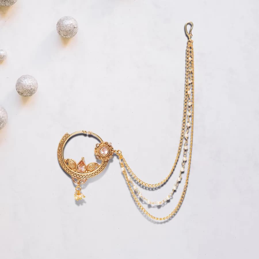 Glamorous Pearl & Chain Bridal Nath