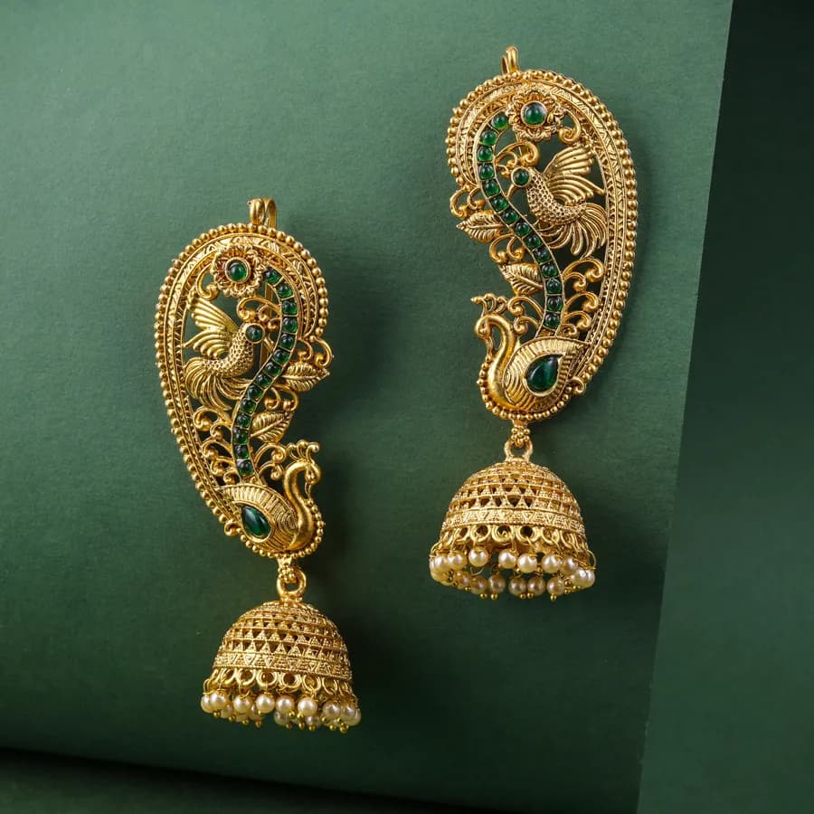 Majestic Peacock Gold Jhumka Earrings