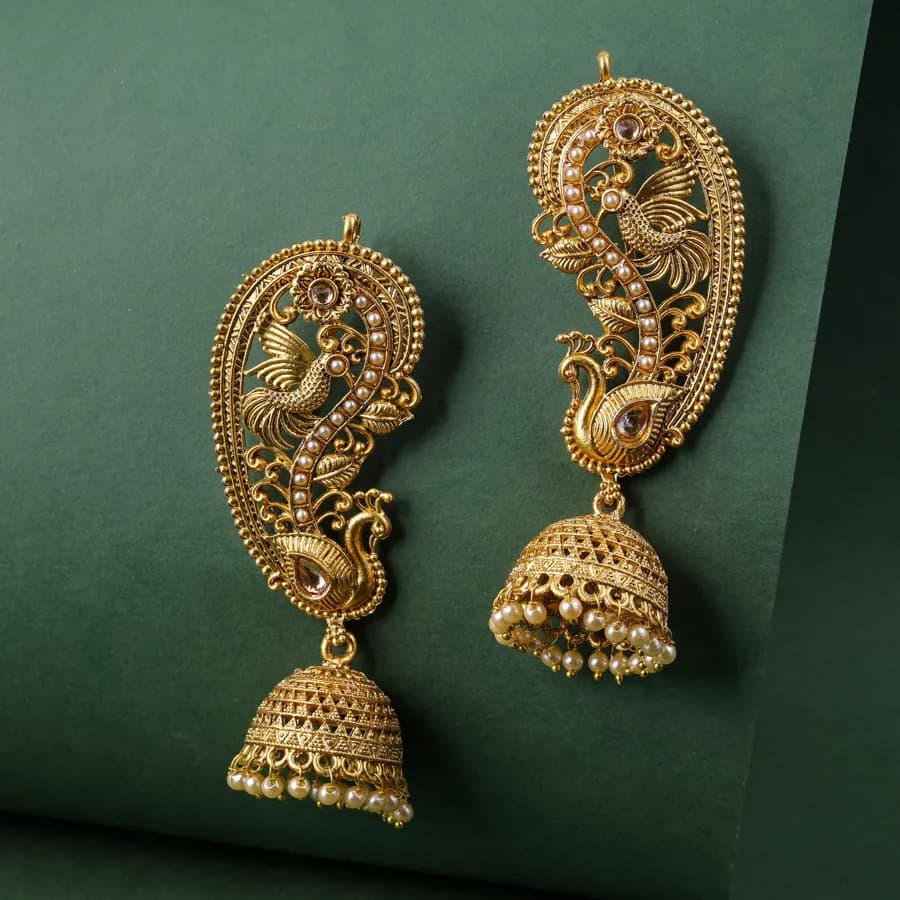 Majestic Peacock-Inspired Gold Jhumka Earrings with Radiant White Stones