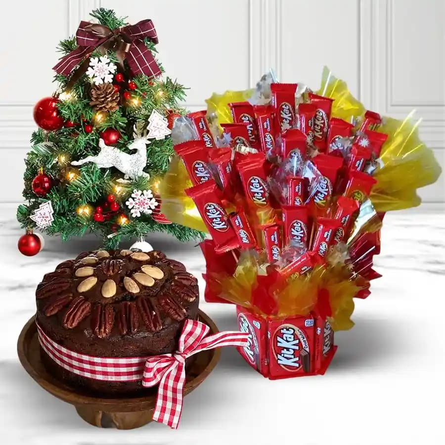 Exquisite Kitkat Bouquet with X Mas Tree n Fruit Cake
