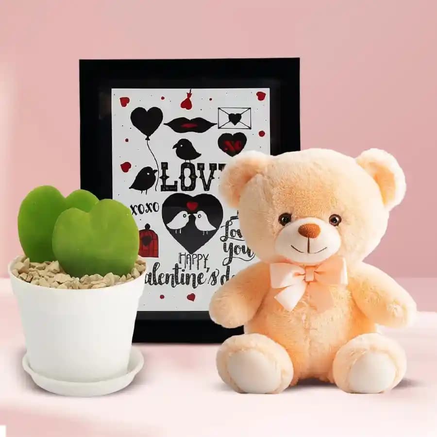 Breathtaking Combo of Handmade Love Frame with Hoya Plant n Teddy