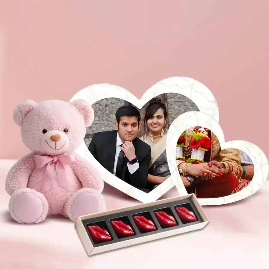 Appealing Valentine Gift of Personalized Photo Frame Chocolates n Teddy