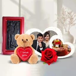 Eye Catching Gift of Twin Heart Personalized Photo Frame with Teddy n Chocolate for Loving Wife 1
