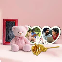 Glamorous V day Gift of Twin Heart Personalized Photo Frame with Chocolates Teddy n Roses 1