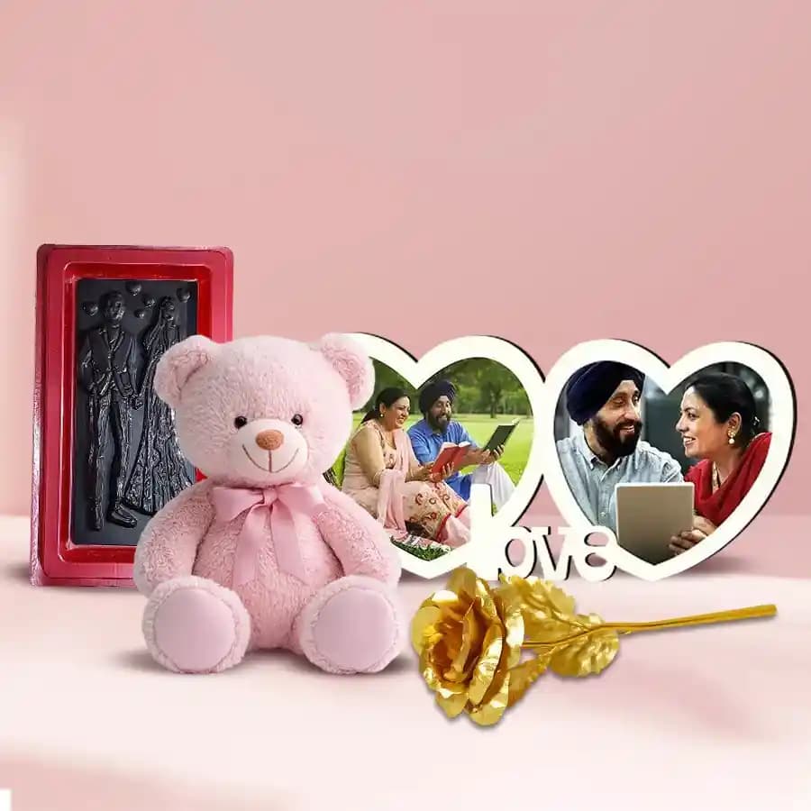 Glamorous V day Gift of Twin Heart Personalized Photo Frame with Chocolates Teddy n Roses