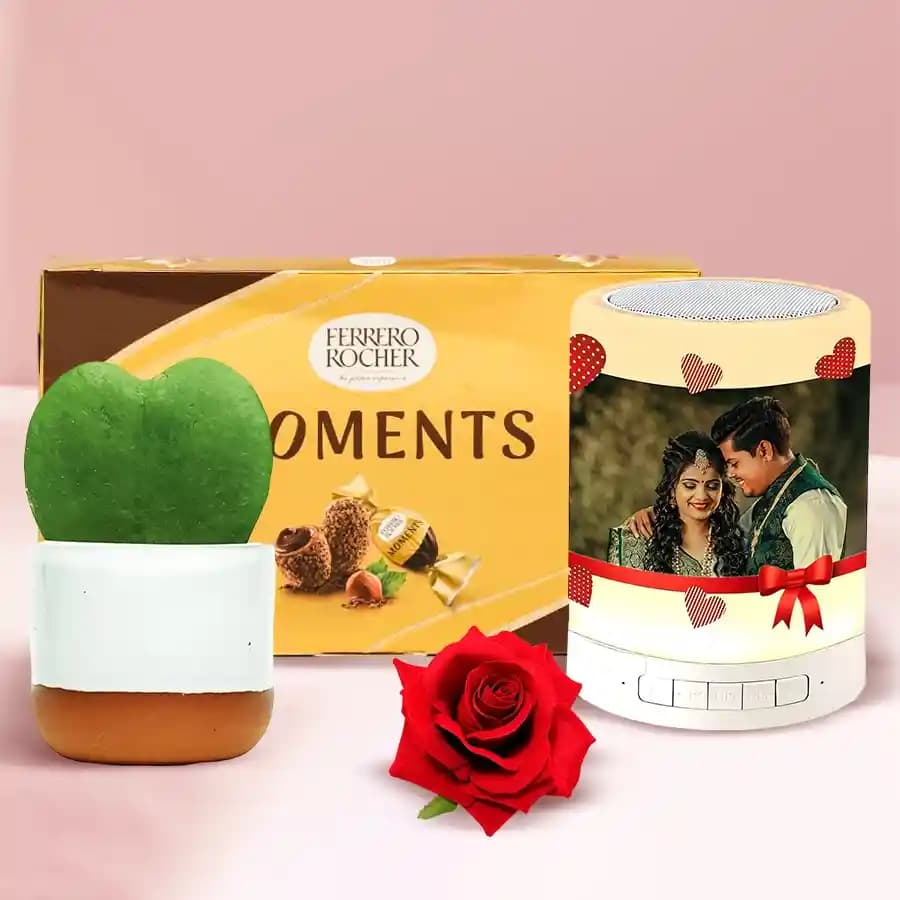 Admirable Gift of Personalized Photo Bluetooth Speaker with Chocolate N Heart Plant