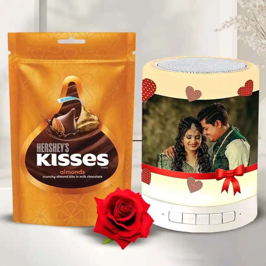 Attractive Personalized Photo Bluetooth Speaker with Hershey Chocolates n Rose Gift Combo