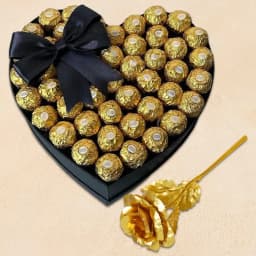 Delightful Rose Day Gift of Heart Arrangement of Ferrero Rocher with Golden Rose 1