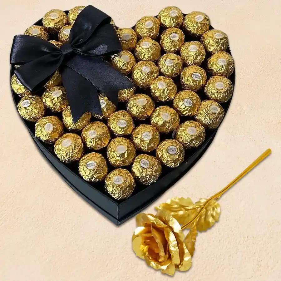 Delightful Rose Day Gift of Heart Arrangement of Ferrero Rocher with Golden Rose