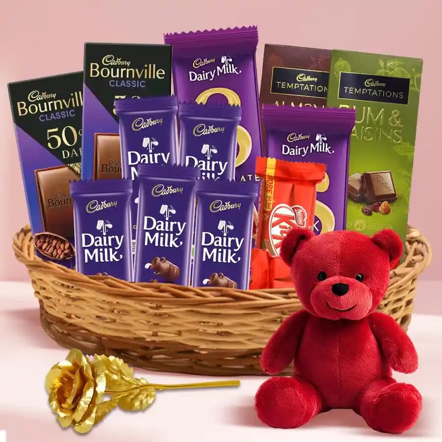 Charming Chocolate Assortments Gift Basket with Teddy N Golden Rose