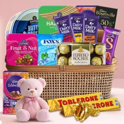 Appealing Gift Basket of Chocolate Treat with Golden Rose N Teddy 1
