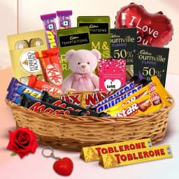 Exceptional Gift Basket of Assorted Chocolates with V Day Essentials 1