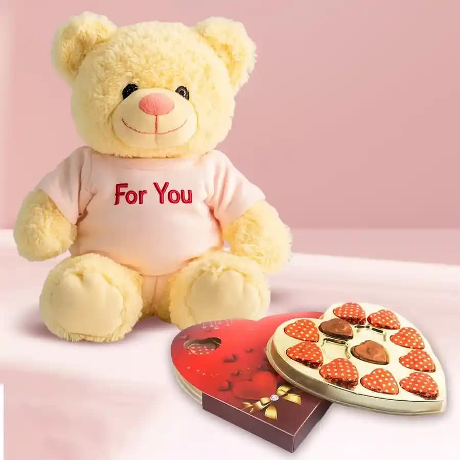 Glamorous For You Teddy n Handmade Heart Chocolates Gift