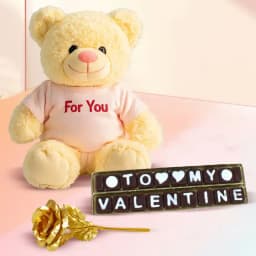 Enticing Propose Day Gift of Teddy Chocolates n Golden Roses 1