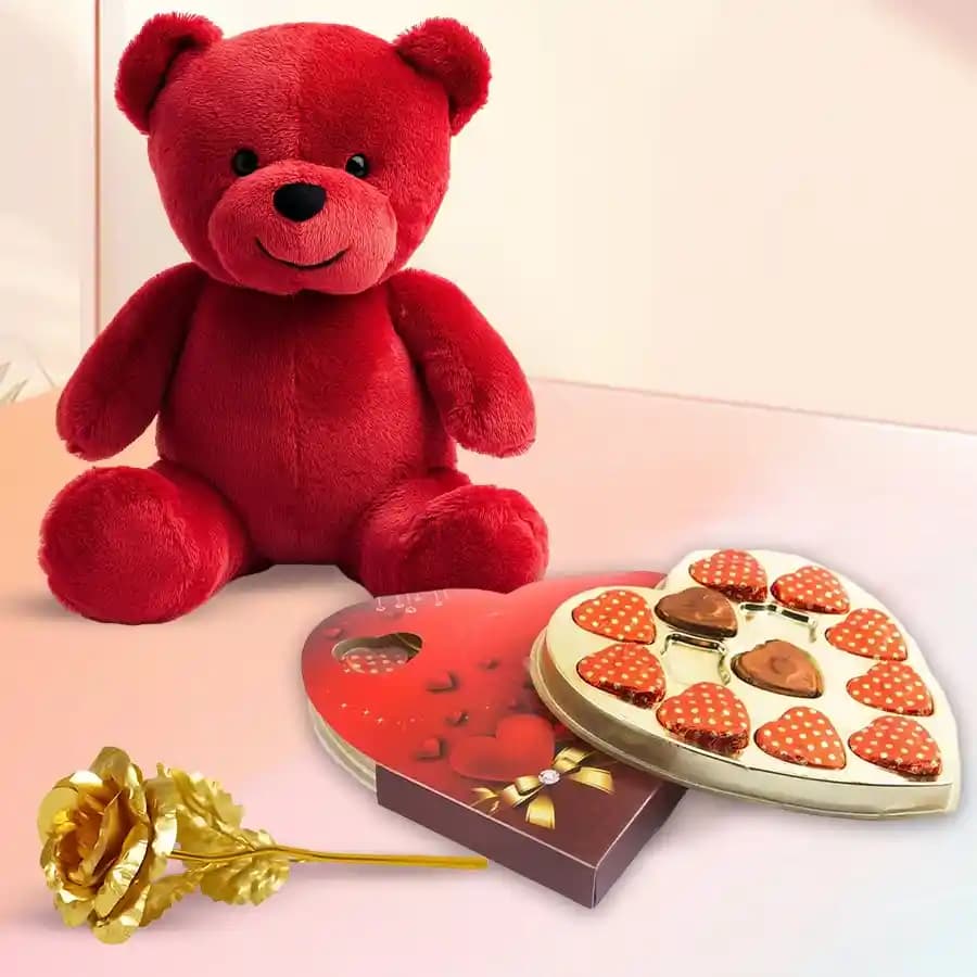 Charming Proposal Gift of Teddy with Heart Shape Chocolates n Golden Rose