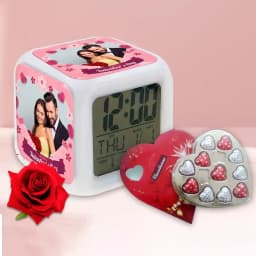 Exciting Gift of Personalized Photo Clock with Heart Shape Chocolates n Roses 1