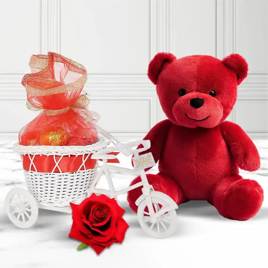 Classic Valentine Gift of Teddy with Heart Shape Chocolates in Tri Cycle
