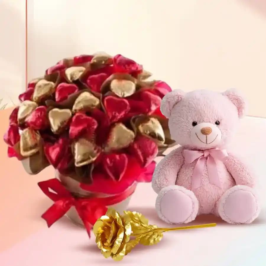 Amazing Gift of Heart Shape Chocolate Bucket with Teddy n Golden Rose for Girlfriend