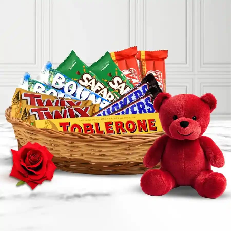 Delightful Chocolate Lovers Gift Basket with Teddy n Rose