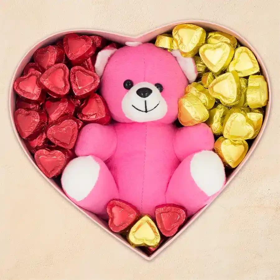 Arresting Heart Full Box of Heart Shape Handmade Chocolates n Teddy