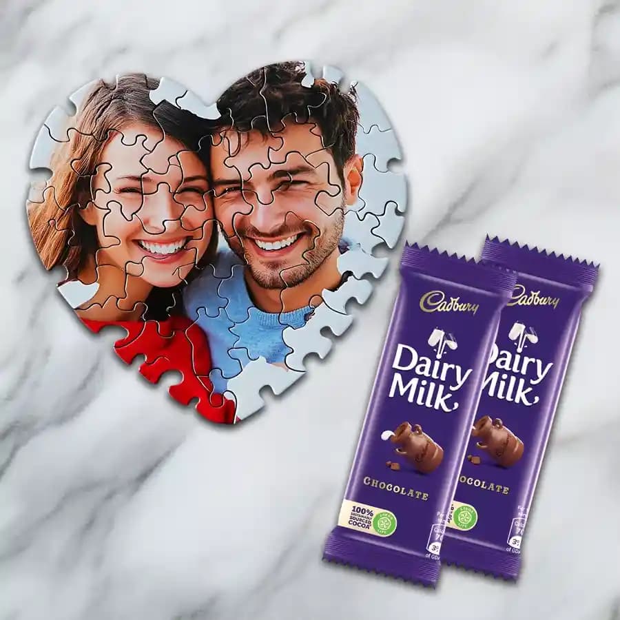 Amazing Heart Shaped Personalised Photo Puzzle with Twin Cadbury Dairy Milk Chocolates