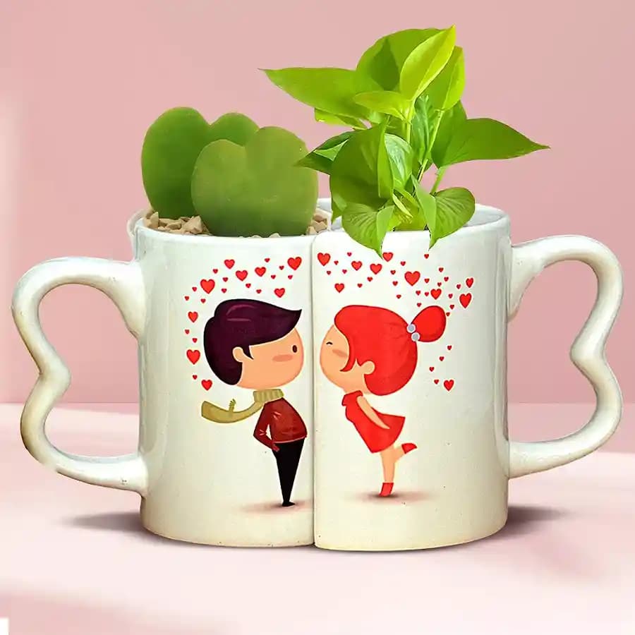 Charming Lovebirds Coffee Mug with Heart and Greenery