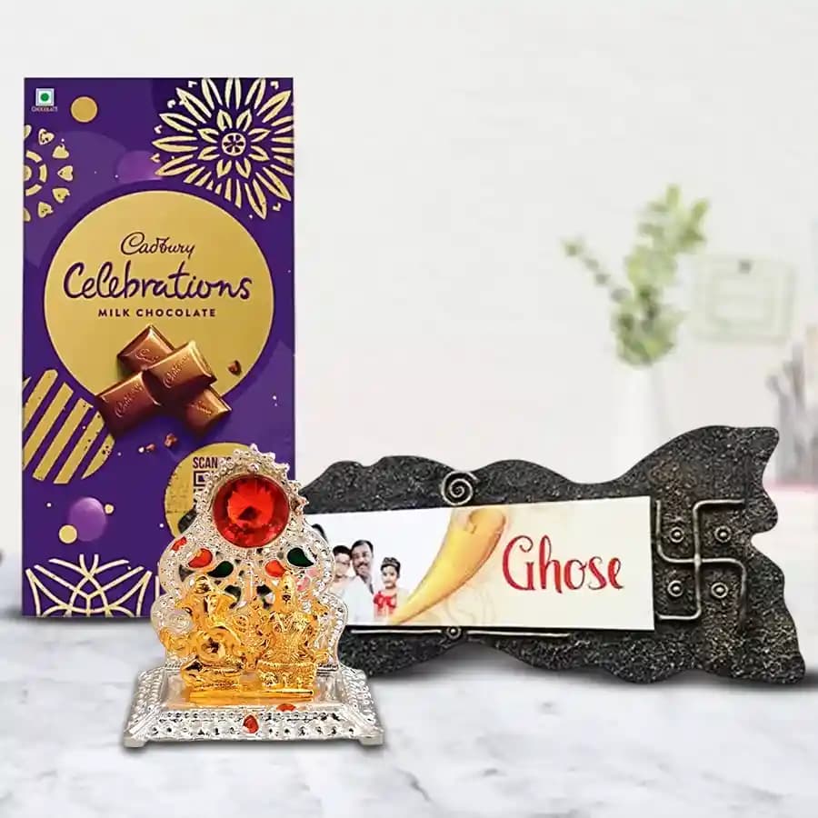 Appealing Handmade Name Plate with Chocolates n Antique Mandap